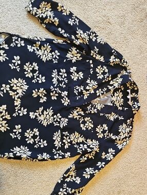 Alice Blue Navy Floral Long-Sleeve Blouse with White Blooms